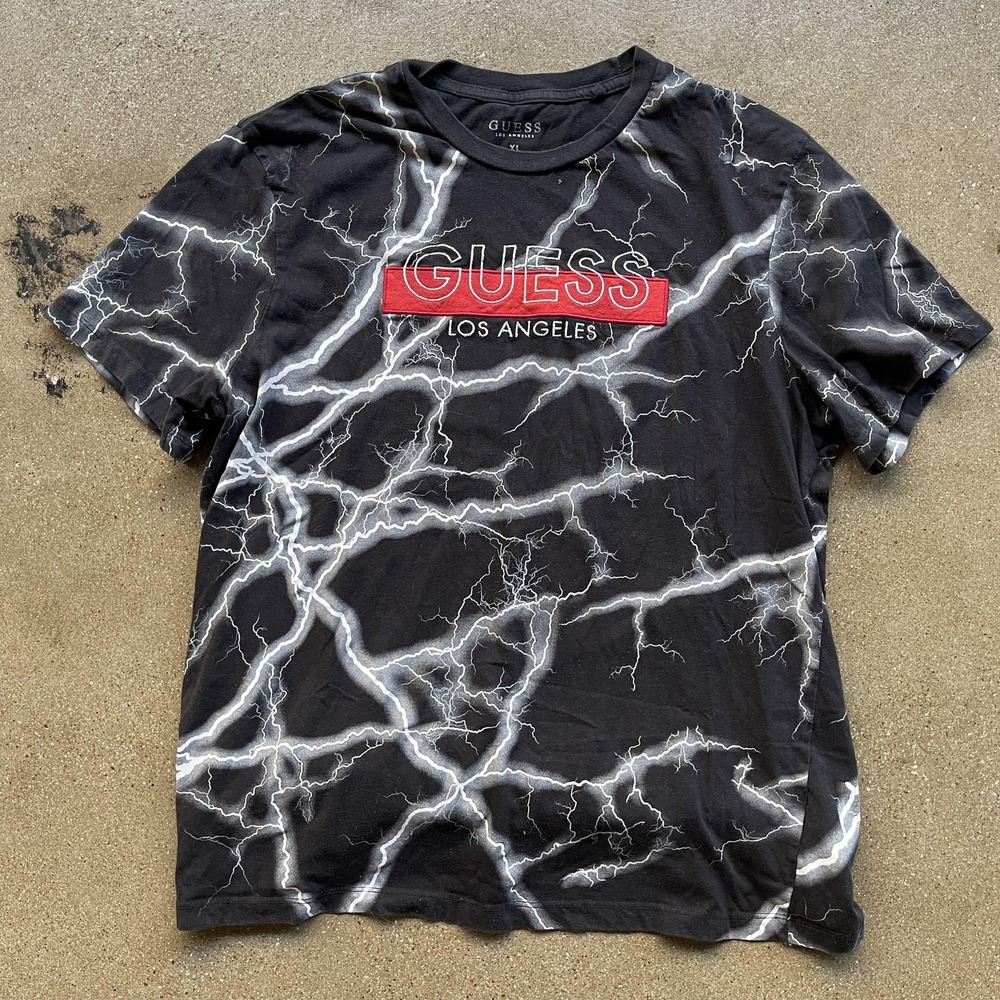 Guess Shirt Mens XL Black Lightning Graphic Los Angeles Logo Streetwear
